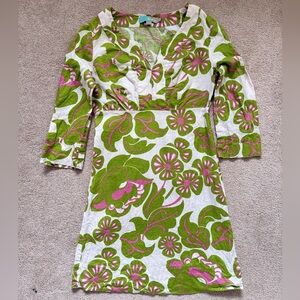 Vintage Boden Green & Pink Floral Tunic Mini Dress 100% Linen Y2K 70s